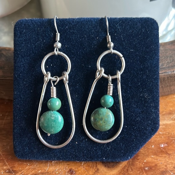 Turquoise and silver sterling dangly artisan earrings - Picture 1 of 5